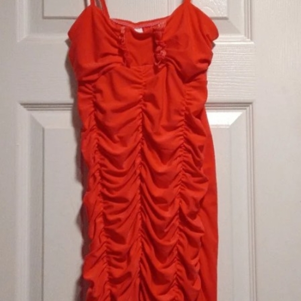 Forever 21 Orange Ruched Spaghetti Strap Mini Dress